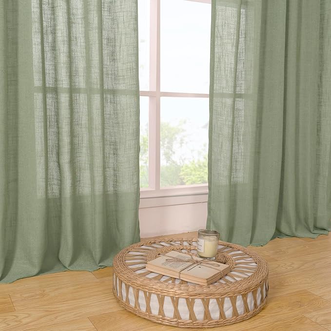 LAMIT Sage Green Linen Sheer Curtains 84 inch for Living Room, Linen Textured Light Filtering Drapes Bronze Grommet Boho Panels for Farmhouse/Living Room, 2 Panels, 60 x 84 Inch