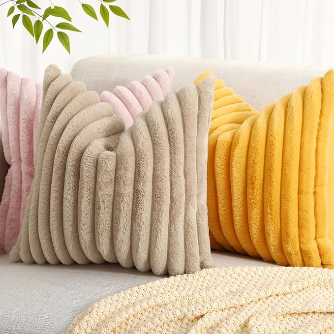 decorUhome Summer Cozy Faux Fur Throw Pillow Covers 22x22 Set of 2 Decorative Soft Plush Striped Modern Farmhouse Boho Couch Euro Sham Pillow Cases with Velvet Back for Sofa Bed Living Room, Pink