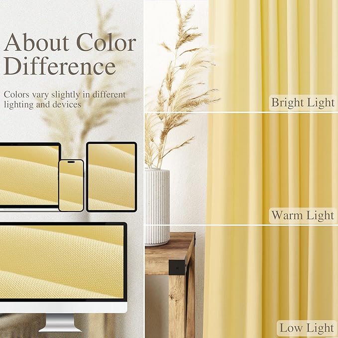 Yellow Linen Curtains 100 inches Long for Bedroom Back Tab Light Filtering Privacy Sheer Yellow Curtains Modern Farmhouse Coastal Decor Cotton Textured Curtain for Living Room 2 Panel Set 52x100