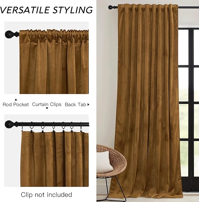 RYB HOME Brownish Gold Velvet Curtains 96 inch, Retro Vintage Room Darkening Window Curtains for Living Room Thermal Insulated Shades with Pleat Tape Pocket & Tabs for Bedroom, W52 x L96 inch, 2 Panel