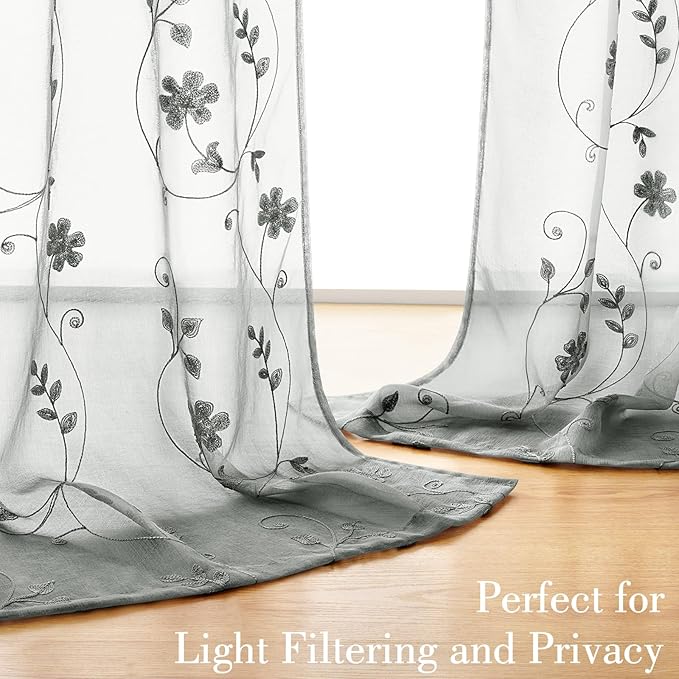HOMEIDEAS Grey Sheer Curtains 63 Inches Long 2 Panels Embroidered Floral Pattern Semi Sheer Window Curtains for Bedroom Living Room