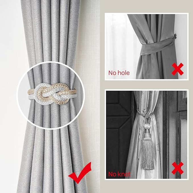 NICEEC 2 Pack Mini Magnetic Curtain Tiebacks Nordic Simple Style Drape Tie Backs Elegant Hand Weave Rope Knot Decorative Curtain Holdbacks for Home & Office Thin Window Drapery (Beige & White)