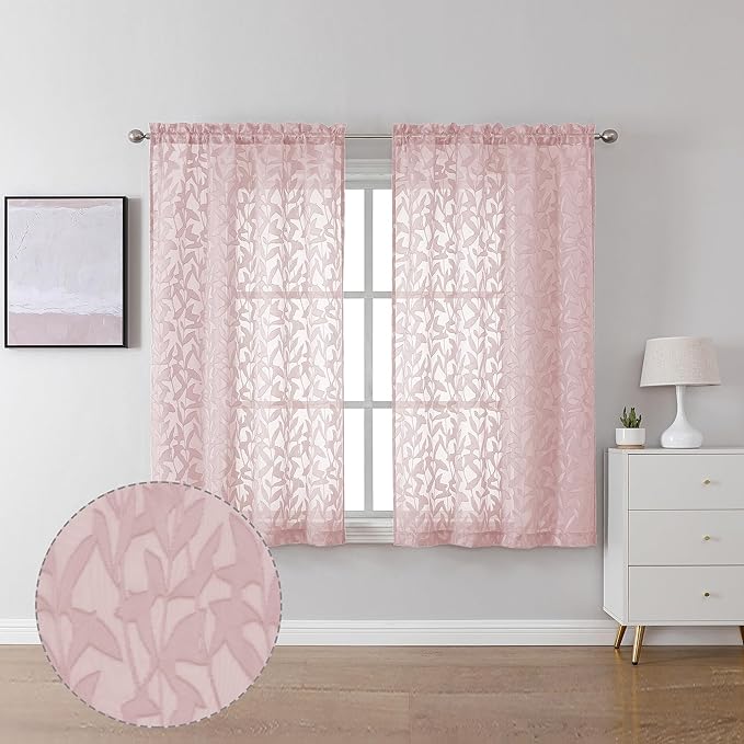 Lecloud Leia Clip Textured Sheer Blush Curtains 45 Inch Length 2 Panels, Dual Rod Pockets Window Living Room Voile Pink Curtain, Farmhouse Jacquard Leaf Gauzy Kitchen Bedroom Drapes, 38x45 Inches
