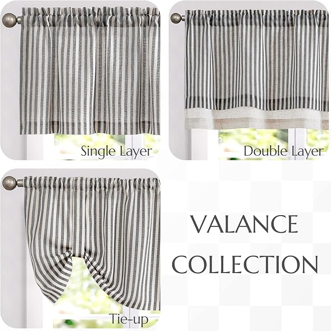 jinchan Linen Valance Curtain Striped Small Window Curtain Double Layer Light Filtering Modern Farmhouse Valance for Kitchen Living Room Bedroom 18 Inch Rod Pocket 1 Panel Black on Beige