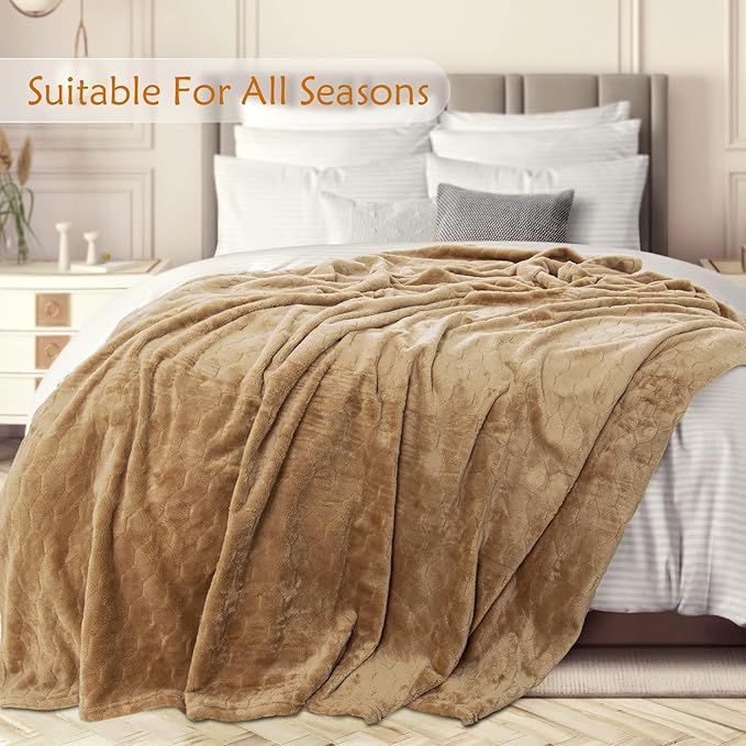 TOONOW Fleece Blanket Textured Fuzzy Plush Throw Blanket Twin Size 60" x 80", Super Soft Fluffy Bed Blanket Geometric Pattern Comfy Microfiber Flannel Blankets for Couch, Bed, Sofa, Camel