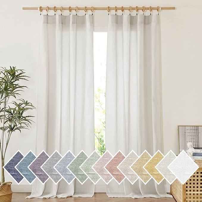 NICETOWN Linen Sheer Curtains and Drapes for Living Room, Rod Pocket & Back Tab Semitransparent with Light Through Vertical Window Treatments for Sliding Glass Door, Natural, W52 x L84, Set of 2