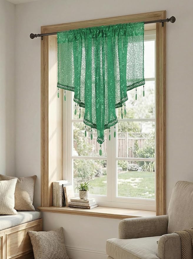 Molaxhome Swag Curtain 51 inch Length Rod Pocket Scalloped Curtain Valance Sheer Lace Panels with Hanging Crystal Beads for Kitchen Bedroom Window Treatments Drape Decor 1pc (Sequin Green, 51Wx23L)
