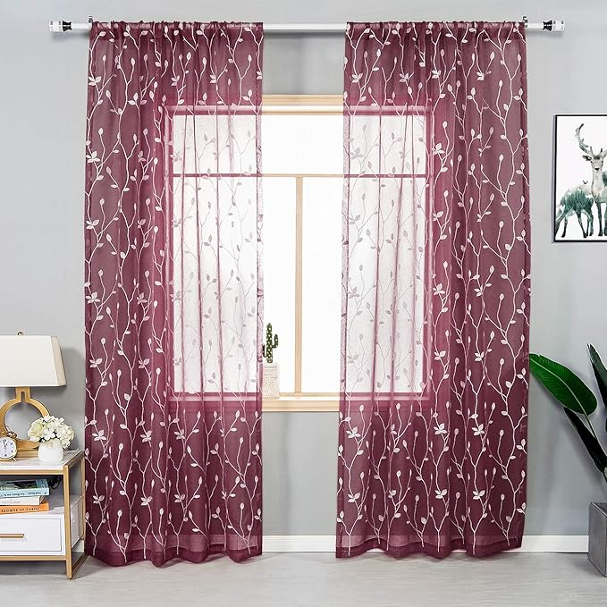 AmHoo 2 Panels Embroidered Leaf Pattern Semi Sheer Curtains Foliage Floral Voile Window Draperies Treatment for Bedroom Living Room Rod Pocket Burgundy Red 53 x 63 Inch