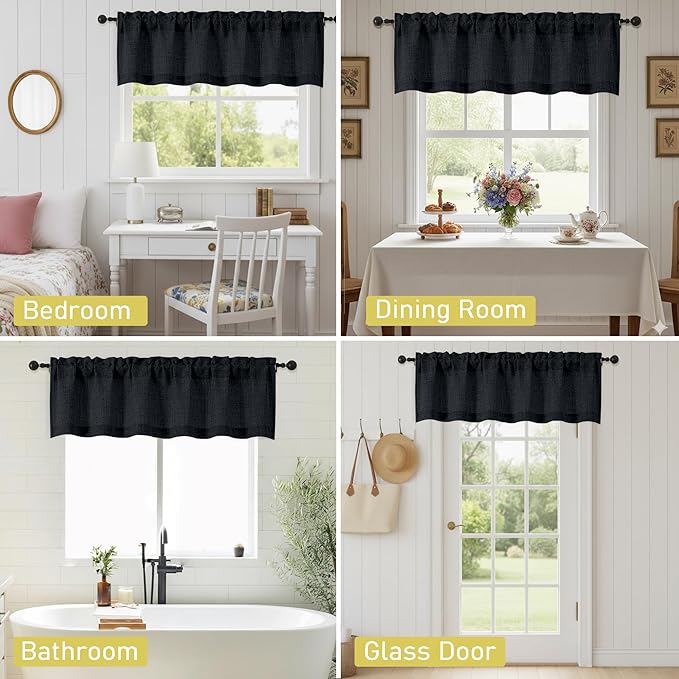 Black Valances for Windows, Light Filtering Faux Linen Textured Small Short Window Curtain for Bathroom Basement Farmhouse, Rod Pocket Top Half Curtains for Windows, 60Wx18L Inch