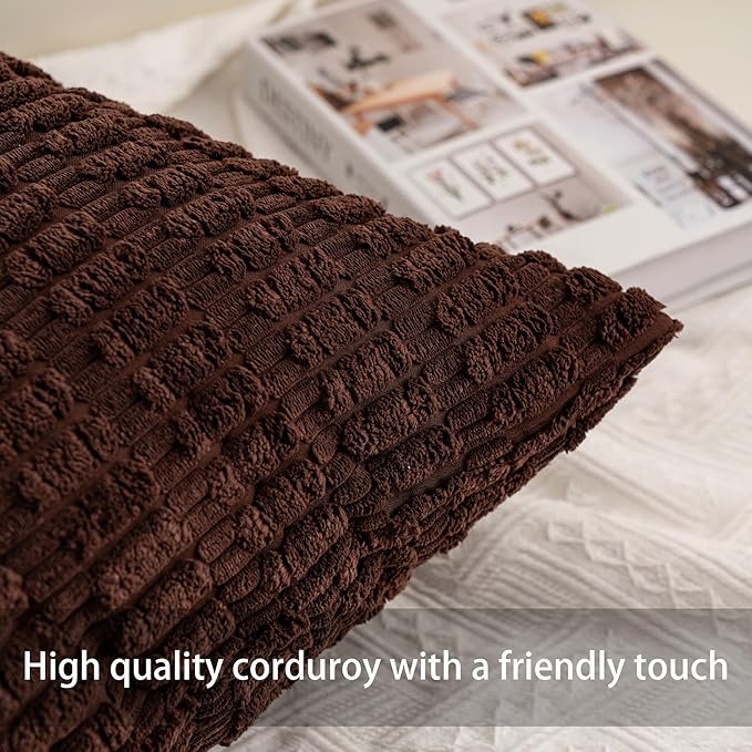 Pack of 2 Corduroy Decorative Throw Pillow Covers 16x16 Inch Soft Striped Pillow Covers Modern Farmhouse Home Decor for Sofa Living Room Couch Bed（Dark Brown）