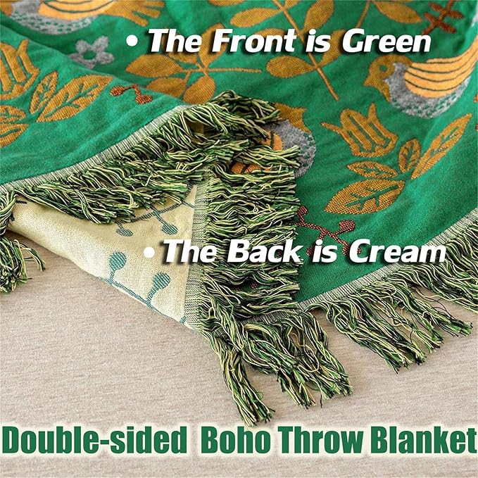 Green Fall Blanket 60''x 80'' Boho Throw Blankets for Couch Bed Chair,100% Cotton Quilts Christmas Warm Soft Blanket Muslin Bed Blankets Farmhouse Decoration