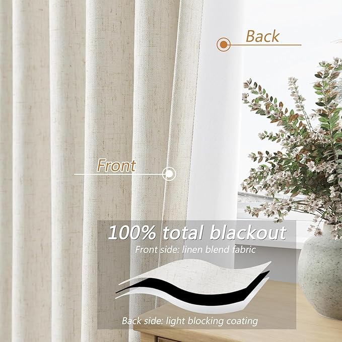 Guken Cream 100% Blackout Linen Curtains 100 Inch Wide by 84 Inch for Living Room Bedroom Back Tab Thermal Insulated Black Out 1 Drapes Room Darkening Window Curtains,1 Panel
