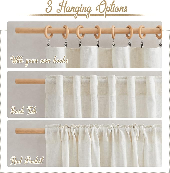 NICETOWN Linen Blend Living Room Curtains 84 inches Long, Rod Pocket & Back Tab Flax Linen Burlap Semi Sheer Drapes Privacy with Light Through Window Treatments for Bedroom, Natural, W42 x L84