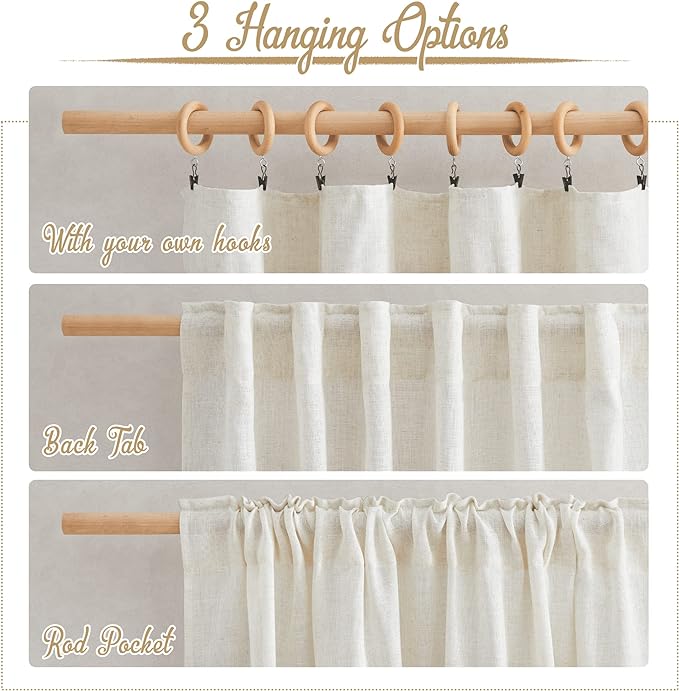 NICETOWN Natural Linen Kitchen Curtains 26 inches Long, Rod Pocket & Back Tab Semi Sheer Flax Window Treatments Rustic & Cute for Cafe/Kids Room, W37 x L26, 2 Panels