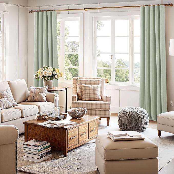 RYB HOME 100% Blackout Sage Green Linen Curtains, Light & Heat Blocking Thermal Privacy Protection Neutral Window Drapes for Living Room Bedroom, 52" W x 96" L, 2 Panels Set