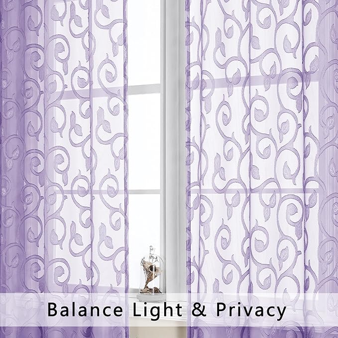 OWENIE Furman Light Purple Sheer Curtains 54 Inch Length 2 Panels Set for Living Room Bedroom, Jacquard Clip Short Curtains for Small Window, Modern Rod Pocket Bathroom Window Curtain 42W inch 54L