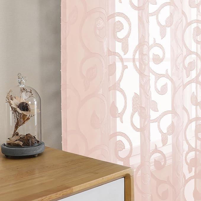 OWENIE Furman Cafe Curtains 30 Inch Length 2 Panels Set, Elegant Geometric Jacquard Short Sheer CurtainsTiers for Kitchen/Living Room/Bedroom Small Window 28" W x 30" L, Blush Pink