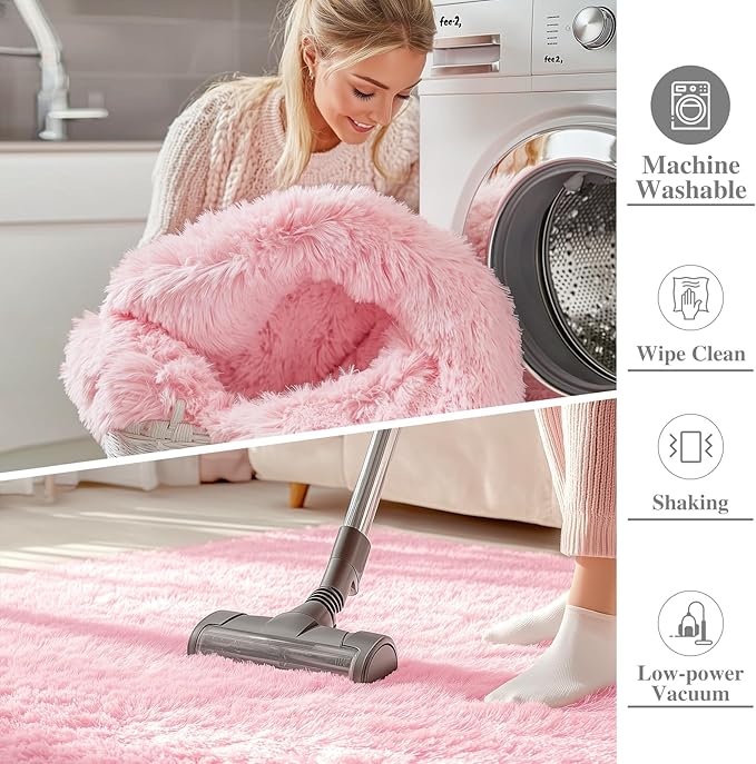 OLANLY 3x5 Machine Washable Small Bedside Rug, Soft Fluffy Shaggy Rugs for Living Room, Bedroom, Indoor Floor Carpet for Kids Girls and Boys, Preppy Dorms, Nursery, Home Decor Aesthetic, Pink