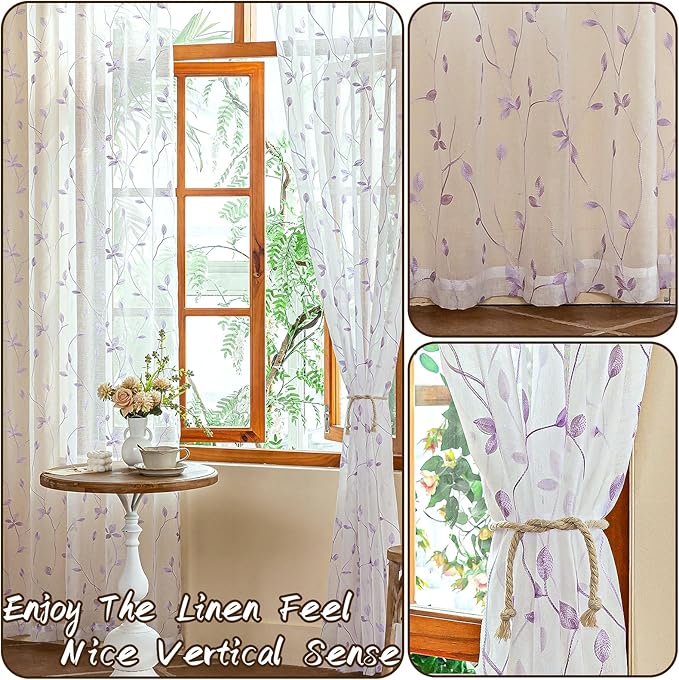 AmHoo 2 Panels Embroidered Leaf Pattern Semi Sheer Curtains Foliage Floral Voile Window Draperies Treatment for Bedroom Living Room Rod Pocket White Lavender Purple 53 x 63 Inch