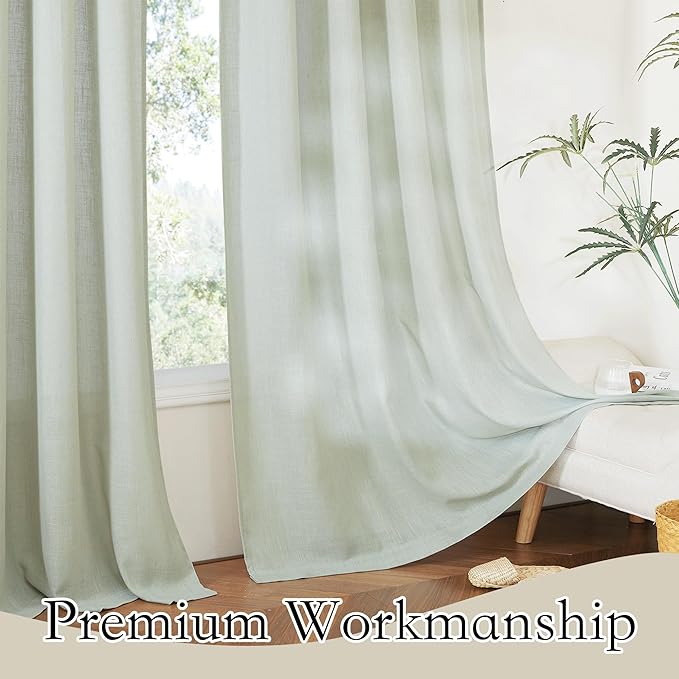 RYB HOME Linen Sheer Curtains 95 inches Long, Airy Breathable Absorbent Curtains & Drapes, Light Filter Half Privacy Protect for Sliding Door, Farmhouse, Living Room, 52" W x 96" L, 2 Panels, Sage