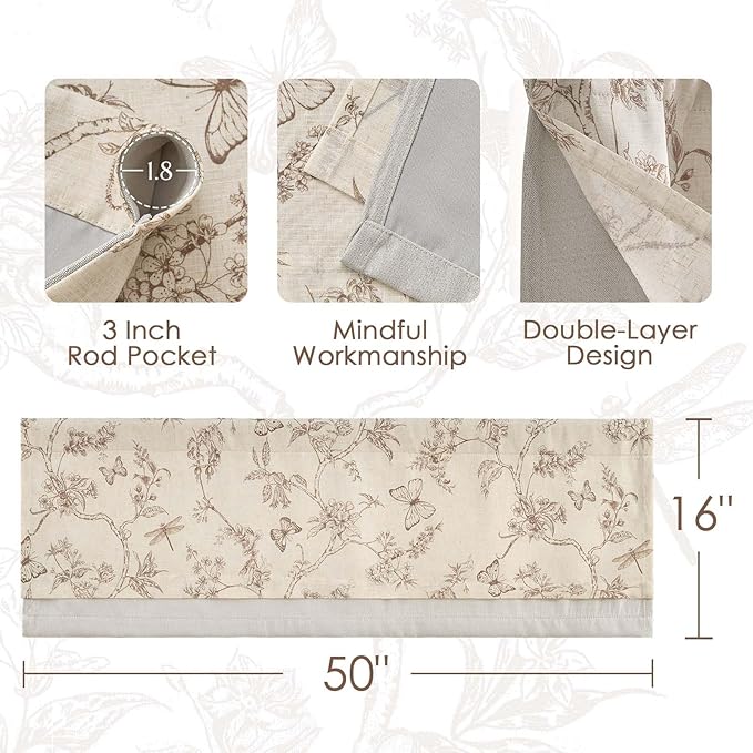 jinchan Floral Curtain Valance for Windows 16 Inch Linen Valance for Kitchen Living Room Rustic Cottage Farmhouse Flower Butterfly Curtain Rod Pocket 1 Panel Double Layer Blackout Taupe on Beige