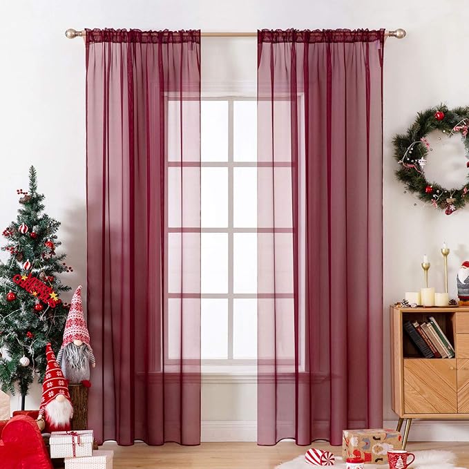MIULEE 2 Panels Solid Color Sheer Christmas Window Curtains Elegant Window Voile Panels/Drapes/Treatment for Bedroom Living Room (54X90 Inches Wine Red)