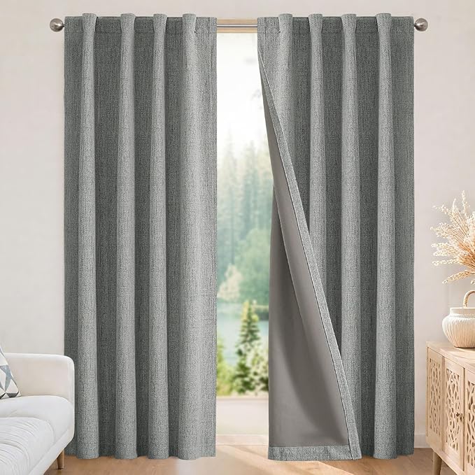 Joydeco Blackout Curtains for Bedroom - 100% Light Blocking 2 Panels Light Grey Drapes 37" W x 96" L, Thermal Insulated Room Darkening Curtains, Linen Textured for Living Room, Rod Pocket & Back Tabs
