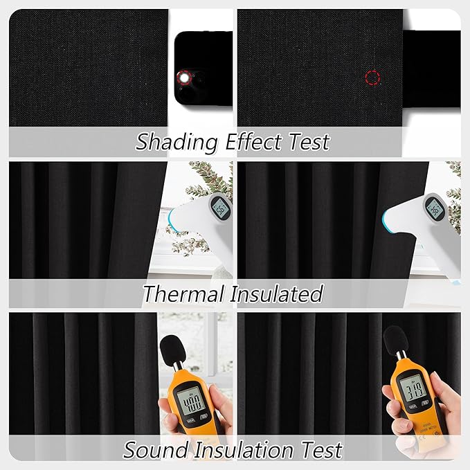 Guken Black 100% Blackout Curtains 96 Inch Length 2 Panels Set for Living Room Bedroom Back Tab Thermal Insulated Black Out Linen Drapes Room Darkening Window Curtains 96 Inches Long