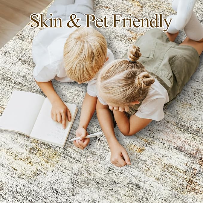 5x7 Area Rugs Gray Rust Low Pile Indoor Washable Trendy Faded Style Rugs for Bedroom Living Room Dining Room Foldable Non-Slip Thin Print Mat
