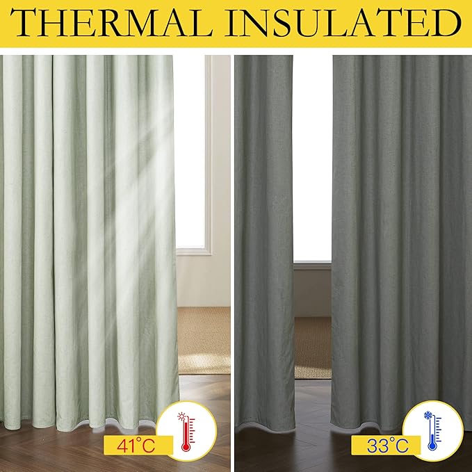 NICETOWN 100% Blackout Sage Green Linen Cold Blocking Curtains 90 inches Length with Thermal Insulated Liners, 2 Panels, 52 inches W, Farmhouse Style Room Warming Small Window Drapes for Dining Room