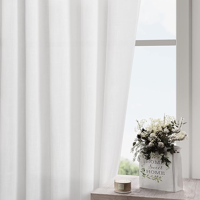 Nanspring White Semi Sheer Linen Curtains 80 Inch Length 2 Panel Set Thermal Insulated Back Tab Drapes for Bedroom Dining Room Classroom Privacy Light Filtering Windows 40x80 Inch