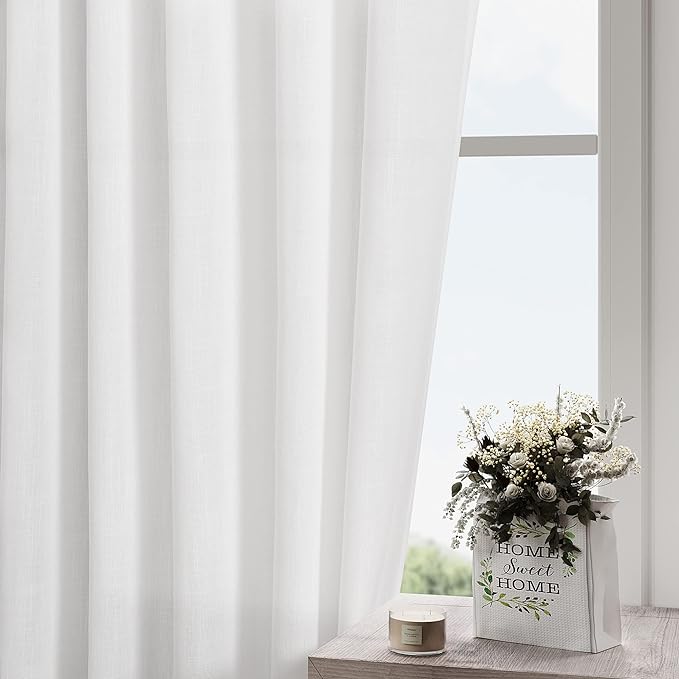 White Linen Curtains 96 Inches Long 2 Panels Set Back Tab Rod Pocket Semi Sheer Light Filtering Window Curtain Drapes Neutral Modern Aesthetic Long Curtains for Living Room Bedroom Decor 42x96