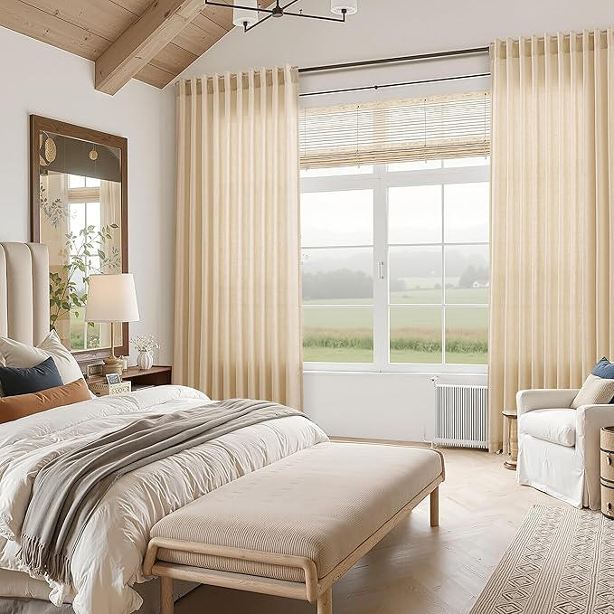 Extra Long Curtain 108 Inches Long Set Back Tab Tan Linen Drapes for Living Room Neutral Farmhouse Light Filtering Semi Sheer Linen Curtains 108 Inch Length for Large Window 9 FT, 2 Panels