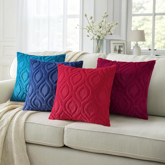 decorUhome Summer Throw Pillow Covers 16x16 Inch Set of 2, Soft Plush Faux Wool Teal Solid Couch Pillow Covers, Accent Farmhouse Neutral Square Pillow Cases for Sofa Bed Living Room