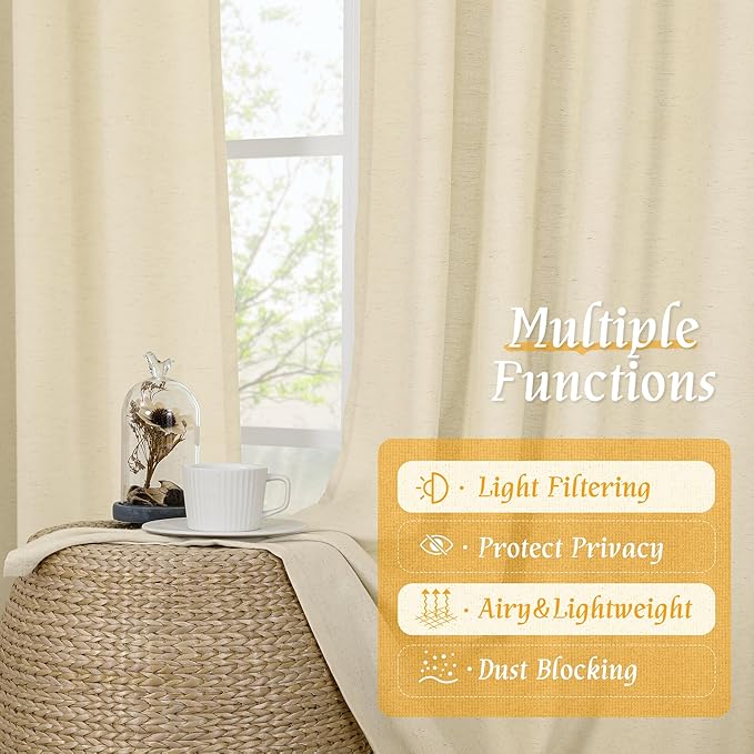 LAMIT Beige Linen Curtains 63 Inch for Bedroom, Light Filtering Neutral Faux Linen Privacy Curtains Rod Pocket Living Room Panels for Small Window, 2 Panels, 52 x 63 Inch, Beige