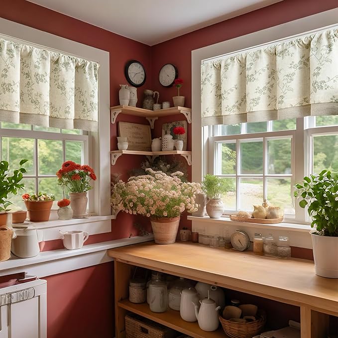 jinchan Linen Valance Curtains for Windows 16 Inch Christmas Decorations Floral Double Layer Kitchen Valance Living Room Darkening Cottagecore Farmhouse Flower Window Treatment 1 Panel Green on Linen