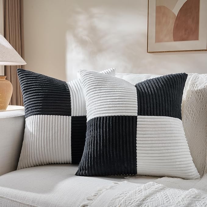 Fancy Homi Set of 2 Black White Euro Decorative Throw Pillow Covers 26x26 Inch for Bedroom Couch Bed, Farmhouse Boho Home Decor, Soft Cross Corduroy Patchwork Textured Square Cushion Case 66x66 cm