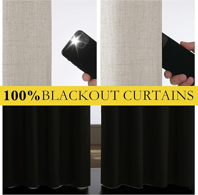 NICETOWN Brich Vintage Open Linen Weave Flax Thermal Curtains, 100% Blackout Curtains 63" Long for Dining Room, Soundproof Window Treatment Drapes for Hall Room, 52" Wide Per Panel, Set of 2