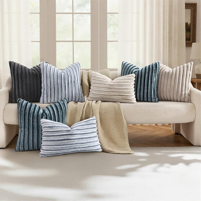 decorUhome Cozy Faux Fur Throw Pillow Covers 24x24 Set of 2 Decorative Soft Plush Striped Modern Farmhouse Boho Couch Euro Sham Pillow Cases with Velvet Back for Sofa Bed Living Room, Dark Grey