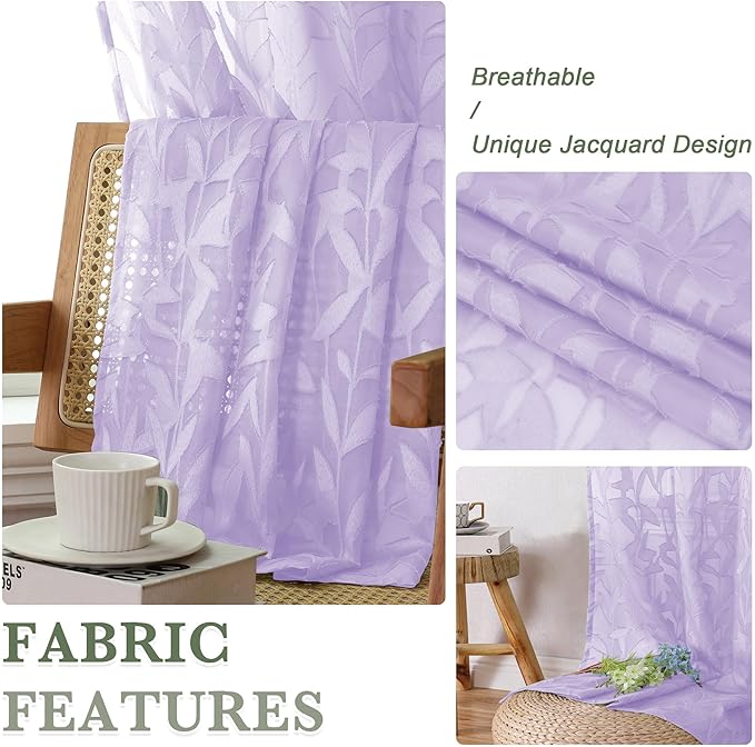 Lecloud Leia Light Purple Semi Sheer Curtains 45 Inch Length, Balance Light & Privacy Jacquard Textured Leaf Voile Curtains for Living Room, Dual Rod Pockets Bedroom Short Drapes, 38x45 Inches