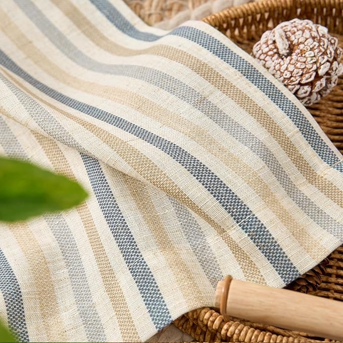 jinchan Valance Curtain Linen Textured Striped Window Curtain for Living Room Light Filtering Farmhouse Valance for Kitchen Rod Pocket 1 Panel 16 Inch Multi Blue on Linen 1 Panel