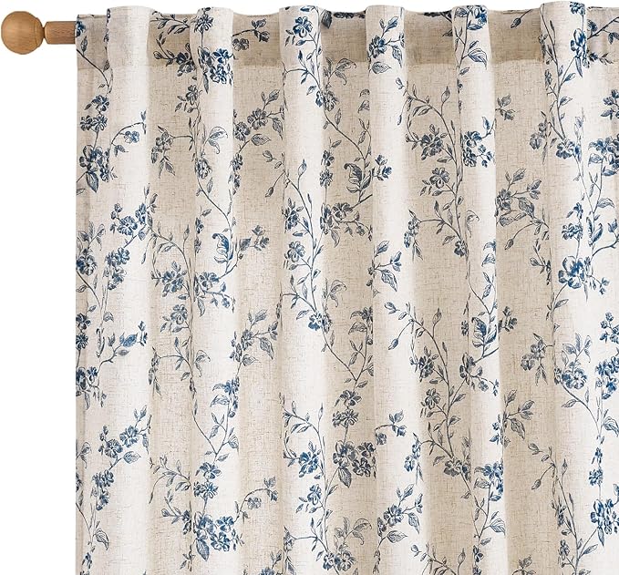 Lazzzy 90 Inch Length Curtain for Living Room Bedroom Blue Floral Drapes Linen Farmhouse Vintage Light Filtering Curtains Rod Pocket Back Tab, 2 Panels, Blue on Beige