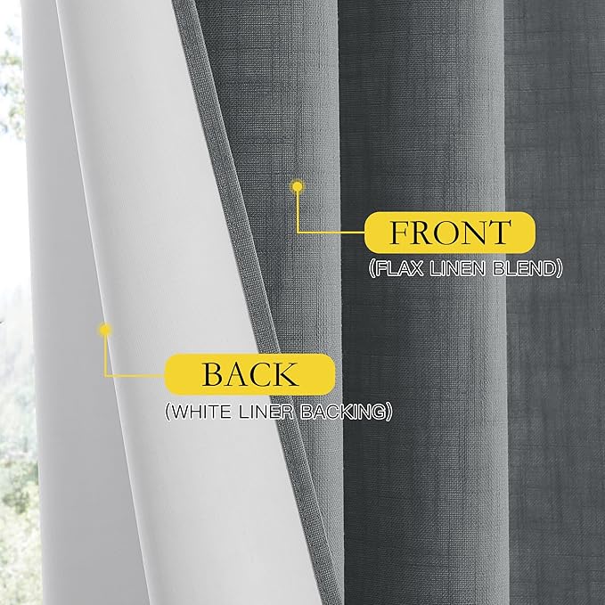 NICETOWN 100% Absolutely Blackout Linen Curtains with Thermal Insulated White Liner, Dove Grey, W52, 2 Pieces, Noise Reducing Textured Linen Look Curtains for Windows 120 inch Length for Classroom