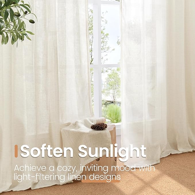 BGment 90 Inches Long Curtains for Living Room - Beige Linen Window Drapes Semi Sheer Rod Pocket Light Filtering for Bedroom Dining Room Decor Lightweight Rustic, 2 Panels, 52 Inch Wide Each Panel