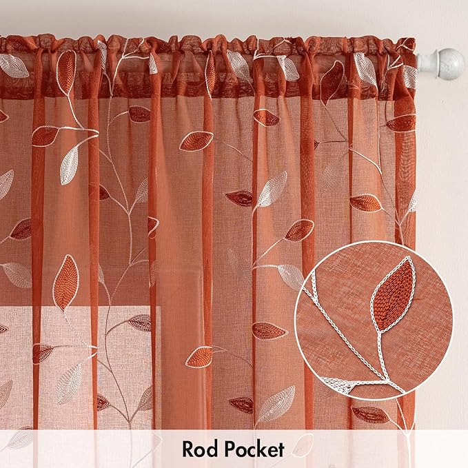 MIULEE Terracotta Sheer Curtains 2 Panels Embroidered Leaf Patterned burnt Orange Rod Pocket Floral Semi Faux Linen Short Fall Window Curtains Drapes Set for Kitchen Bathroom Cafe, 30x24 Inches Length