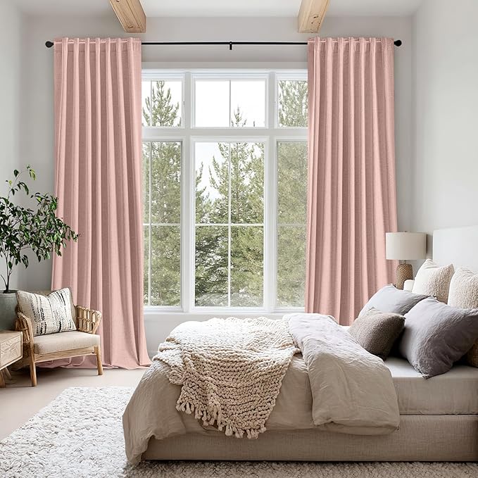 MIULEE 100% Blackout Linen Curtains for Bedroom, Blush Pink Solid Luxury Decor Thermal Insulation Room Darkening Drapes for Living Room Nursery Back Tab Rod Pocket 42 x 63 Inches, 2 Panels