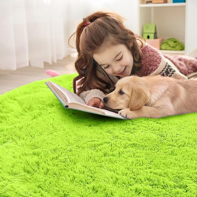 OLANLY Lime Green Round Rugs for Bedroom - Machine Washable, 9 ft Circle Area Rugs for Living Room, Soft and Fluffy Shaggy Carpet for Teen Girl and Boys, Nursery Rooms, Dorms, Home Decor Aesthetic