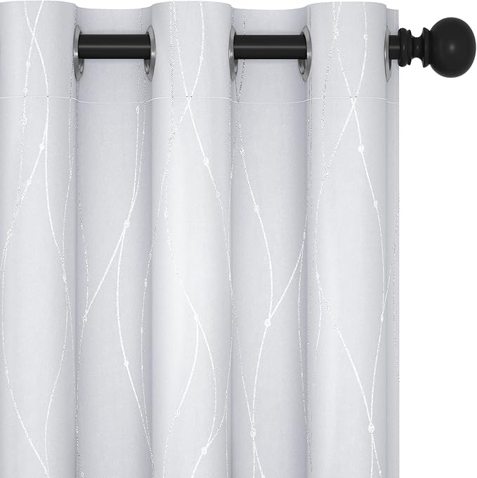 Deconovo Living Room Curtains, Room Darkening Drapes, Thermal Insulated Soundproof Grommet Drape, Silver Wave Dots Print, 42 x 84 Inch, Machine Washable Window Panels for Bedroom Office, Set of 2