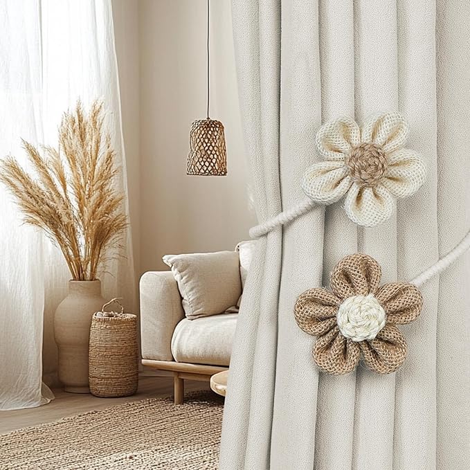 KLOGTSIND Flower Curtain Tiebacks, 2 Pack Boho Curtain Ties Elegant DIY Curtain Holdbacks, Decorative Window Drape Twist Tie Backs for Bedroom Decor, Nursery Decor, Farmhouse Decor
