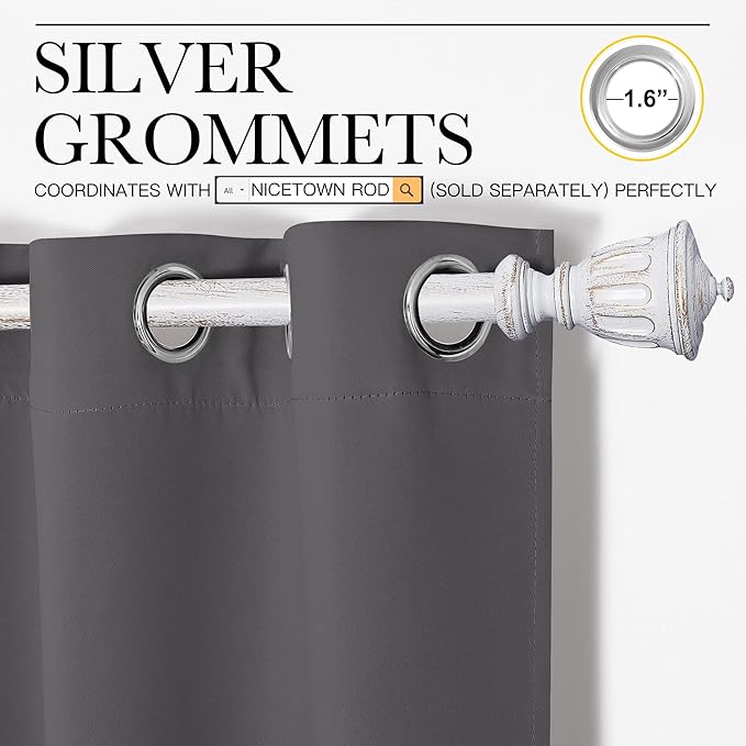 NICETOWN Grey Blackout Cafe Curtain Panels for Bedroom, Thermal Insulated Grommet Top Blackout Draperies and Drapes for Basement (2 Panels, W42 x L40-inch, Grey)